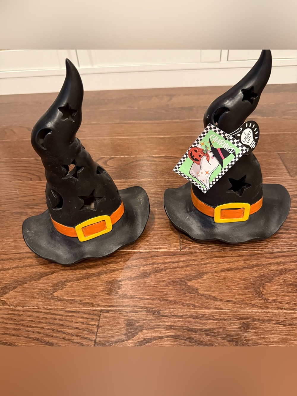 Pair of Black Witch Hats with Orange Bands Resin Decoration- Lights Up